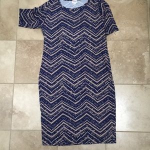 LuLaRoe Julia Dress worn once navy and tan print